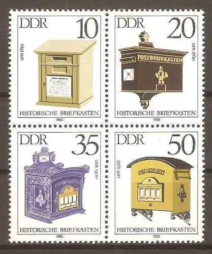 Briefmarke DDR Mi.Nr. 2924-2927 ** Viererblock - Historische Briefkästen 1985 / Kompletter Satz ! #