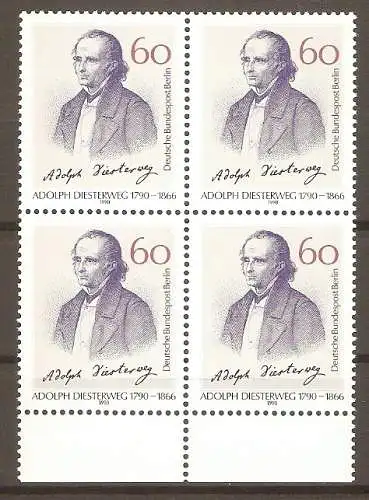 Briefmarke Berlin Mi.Nr. 879 ** VIERERBLOCK - 200. Geburtstag von Adolph Diesterweg 1990 / Pädagoge #