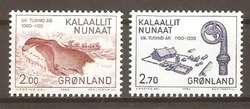 Briefmarke Grönland Mi.Nr. 138-139 ** 1000. Jahrestag der Besiedelung Grönlands durch Europäer 1982 / Thule-Kultur (seit 11. Jh.): Walfang &  Bischofssitz in Gardar und Krummstab von Bischof Joen Smyrill  #