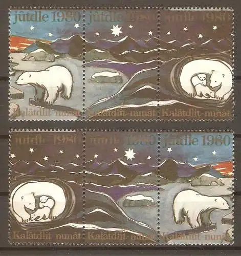 Briefmarke Grönland - 6 verschiedene Weihnachtsmarken 1980 ** / 2 Zusammendrucke #