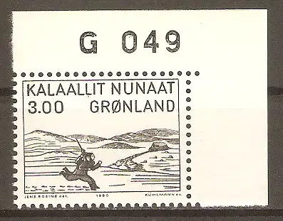 Briefmarke Grönland Mi.Nr. 124 ** Bogenecke mit Marginalnummer - Kunst 1980 / "Wettrennen auf dem Eis" Holzschnitt von Aron von Kangeq #