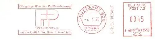 Freistempel F68 3558 Stuttgart - FP Francotyp Postalia / Die ganze Welt der Postbearbeitung auf der CeBIT´96, Halle 1, Stand 4e2 (#2068)