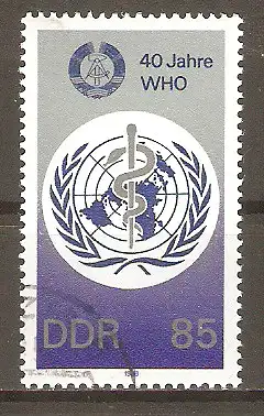 Briefmarke DDR Mi.Nr. 3214 o 40 Jahre Weltgesundheitsorganisation (WHO) 1988 / WHO-Emblem & Staatswappen der DDR #