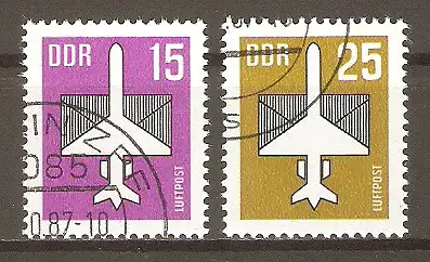 Briefmarke DDR Mi.Nr. 3128-3129 o Flugpostmarken 1987 / Stilisiertes Flugzeug mit Brief / Kompletter Satz ! #