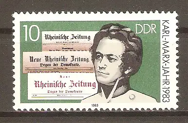 Briefmarke DDR Mi.Nr. 2783 ** 100. Todestag von Karl Marx 1983 / Karl Marx in jungen Jahren & Zeitungstitel #