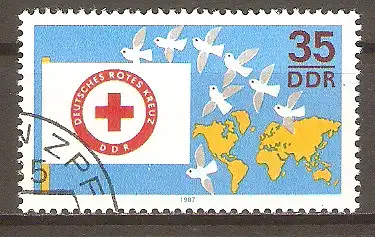 Briefmarke DDR Mi.Nr. 3088 o Kongress des Deutschen Roten Kreuzes der DDR in Dresden 1987 / DRK-Fahne, Weltkarte, Friedenstauben #