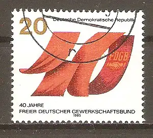 Briefmarke DDR Mi.Nr. 2951 o 40 Jahre Freier Deutscher Gewerkschaftsbund (FDGB) 1985 / Zahl „40“ aus roten Fahnen #