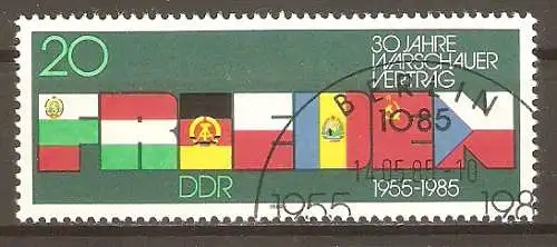 Briefmarke DDR Mi.Nr. 2946 o 30 Jahre Warschauer Vertrag 1985 / Wort FRIEDEN aus den Flaggen der Mitgliedsländer Bulgarien, Ungarn, DDR, Polen, Rumänien, UdSSR, CSSR #