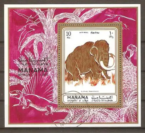 Briefmarke Ajman-Manama Block 135 A o (Mi.Nr. 2946) Prähistorische Tiere 1971 / Wollhaarmammut (Elephas primigenius) #