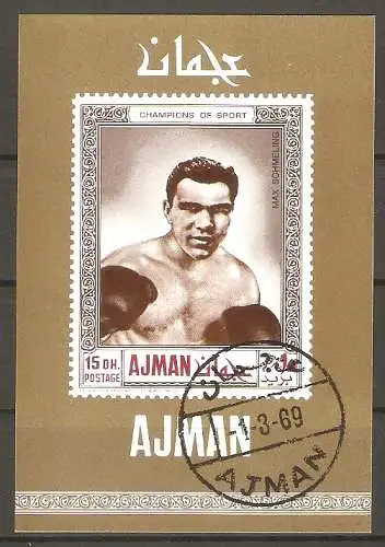 Briefmarke Ajman Mi.Nr. 384 B o als Einzelblock - Boxen 1969 / Max Schmeling #