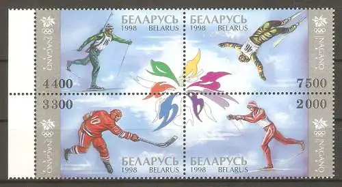 Briefmarke Weißrußland Mi.Nr. 249-252 ** Viererblock / Olympische Winterspiele Nagano 1998 / Ski-Langlauf, Eishockey, Biathlon, Freistilski #