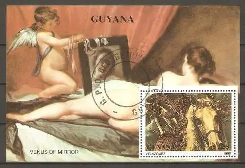 Briefmarke Guyana Block 99 o (Mi.Nr. 3180) Gemälde 1990 / "Reiterporträt des Herzogs von Lerma" (Detail) von Peter Paul Rubens #