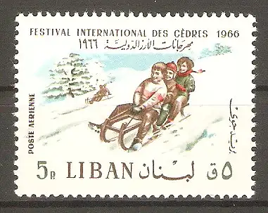 Briefmarke Libanon Mi.Nr. 955 ** Internationale Winterfestspiele Les Cèdres 1966 / Kinder beim Schlittenfahren #