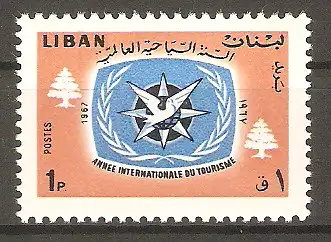 Briefmarke Libanon Mi.Nr. 998 ** Internationales Jahr des Tourismus 1967 / Emblem & Zedern #