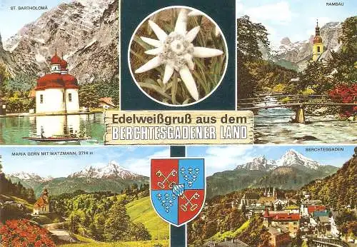 Ansichtskarte Deutschland - Berchtesgadener Land - St. Bartholomä, Edelweiß, Ramsau, Maria Gern mit Watzmann, Berchtesgaden (2760)