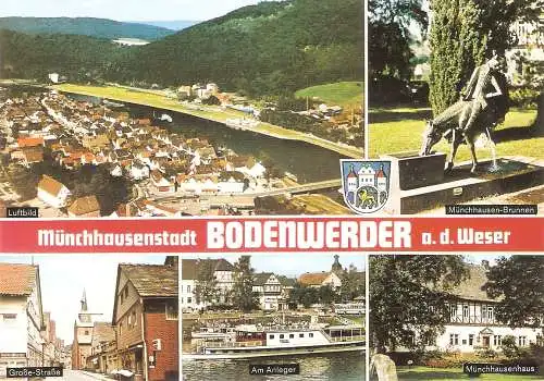 Ansichtskarte Deutschland - Bodenwerder - Luftbild, Münchhausen Brunnen, Große Straße, Am Anleger, Münchhausenhaus (2776)