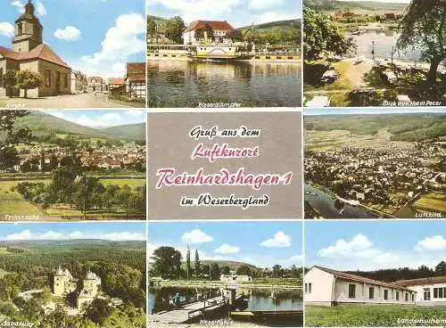 Ansichtskarte Deutschland - Reinhardshagen - Kirche, Weserdampfer, Blick vom Hotel Peter, Luftbild, Landschulheim, Weserfähre, Sababurg, Teilansicht (2780)