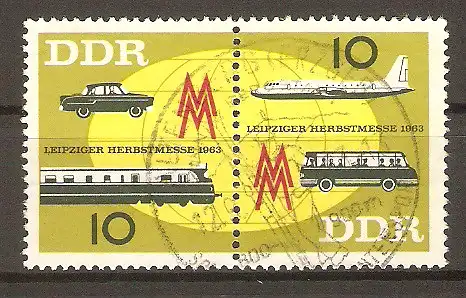 Briefmarke DDR Mi.Nr. 976-977 o Zusammendruck - Leipziger Herbstmesse 1963 / Pkw, Triebwagen, Verkehrsflugzeug, Autobus #