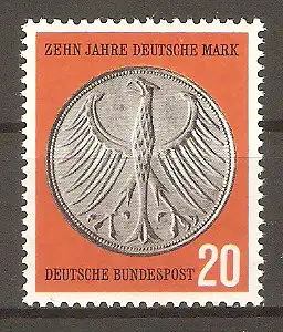 Briefmarke BRD Mi.Nr. 291 ** 10 Jahre Deutsche Mark 1958 / Wappenseite einer 5-DM-Münze #