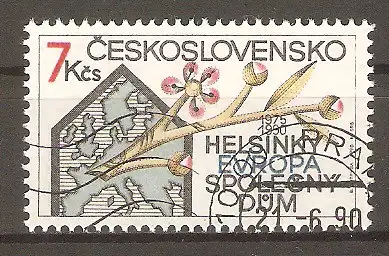 Briefmarke Tschechoslowakei Mi.Nr. 3053 o 15. Jahrestag der Unterzeichnung der KSZE-Schlussakte Helsinki 1990 / Landkarte Europas, „gemeinsames Haus“, Blütenzweig #