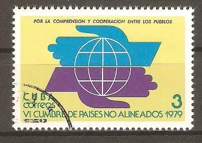 Briefmarke Cuba Mi.Nr. 2391 o 6. Gipfelkonferenz der blockfreien Staaten in Havanna 1979 / Hände & Weltkugel #