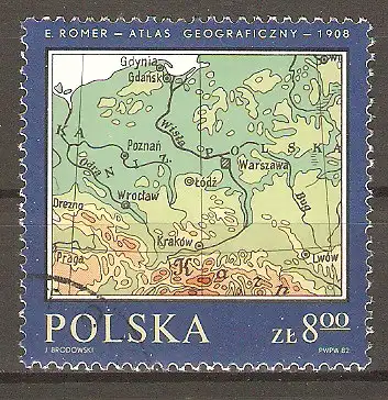 Briefmarke Polen Mi.Nr. 2846 o Historische Landkarten 1982 / Landkarte Polens (1927) aus dem Atlas von Eugeniusz Romer #