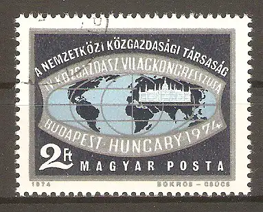 Briefmarke Ungarn Mi.Nr. 2968 A o 4. Ökonomischer Weltkongress in Budapest 1974 / Emblem des Kongresses: Weltkarte & Kongressgebäude #