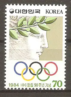 Briefmarke Korea-Süd Mi.Nr. 1374 ** 90 Jahre Internationales Olympisches Komitee (IOC) 1984 / Lorbeerbekränzter Kopf & Olympische Ringe #