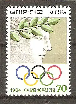 Briefmarke Korea-Süd Mi.Nr. 1374 ** 90 Jahre Internationales Olympisches Komitee (IOC) 1984 / Lorbeerbekränzter Kopf & Olympische Ringe #