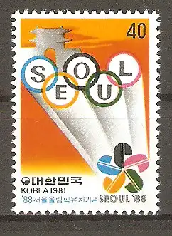 Briefmarke Korea-Süd Mi.Nr. 1264 ** Vergabe der Olympischen Spiele 1988 an Seoul 1981 / Name „SEOUL“ in olympischen Ringen #