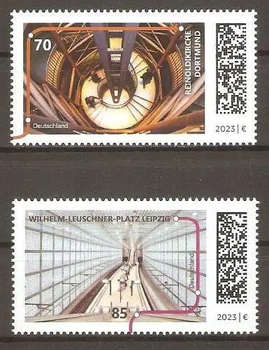 Briefmarke BRD Mi.Nr. 3759-3760 ** U-Bahn-Stationen 2023 / U-Bahn-Haltestelle Reinoldikirche, Dortmund & U-Bahn-Haltestelle Wilhelm-Leuschner-Platz, Leipzig / Kompletter Satz ! #