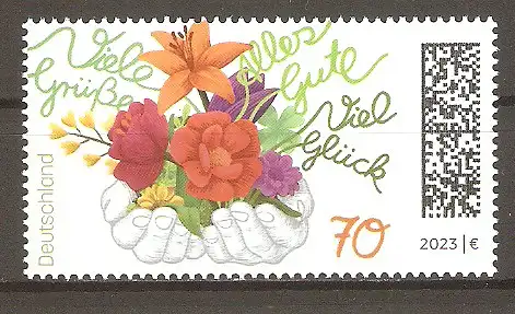 Briefmarke BRD Mi.Nr. 3755 ** Blumengruß 2023 / Hände überreichen Blumen, Grüße und Glückwünsche #