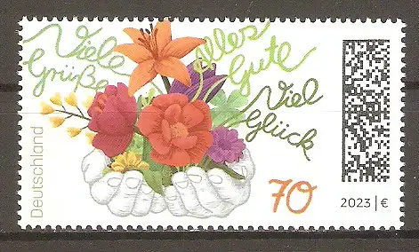 Briefmarke BRD Mi.Nr. 3755 ** Blumengruß 2023 / Hände überreichen Blumen, Grüße und Glückwünsche #