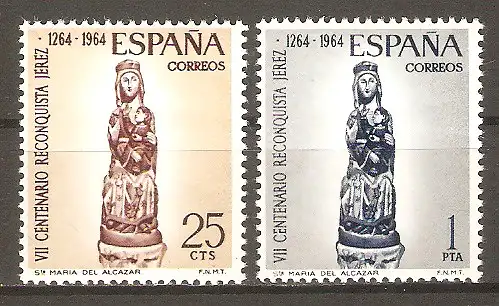 Briefmarke Spanien Mi.Nr. 1504-1505 ** 700. Jahrestag der Wiedereroberung von Jerez de la Frontera durch Alfonso X. 1964 / HI. Jungfrau vom Alcázar / Kompletter Satz ! #