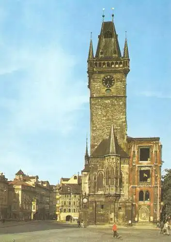 Ansichtskarte Tschechische Republik - Prag - Altstädter Rathaus samt Turm und Kapelle und mit dem Überrest des von den Nazis eingeäscherten Ostflügels (2817)