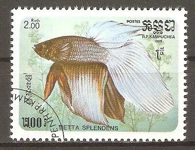 Briefmarke Kambodscha Mi.Nr. 720 o Zierfische 1985 / Siamesischer Kampffisch (Betta splendens) #