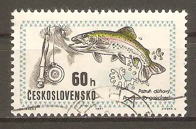 Briefmarke Tschechoslowakei Mi.Nr. 2015 o Weltjagdausstellung Budapest 1971 / Regenbogenforelle (Salmo gairdneri) #