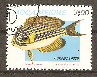 Briefmarke Mocambique Mi.Nr. 709 o Tropenfische 1979 / Gestreifter Doktorfisch (Acanthurus lineatus) #