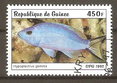 Briefmarke Guinea Mi.Nr. 1649 o Fische 1997 / Blauer Hamletbarsch (Hypoplectrus gemma) #