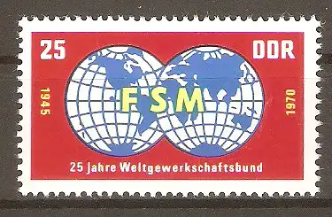 Briefmarke DDR Mi.Nr. 1578 ** 25 Jahre Weltgewerkschaftsbund (WGB) 1970 / Abzeichen des WGB #