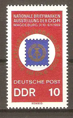 Briefmarke DDR Mi.Nr. 1477 ** Nationale Briefmarkenausstellung 20 Jahre DDR in Magdeburg 1969 / Abzeichen des Philatelistenverbandes der DDR im Deutschen Kulturbund #