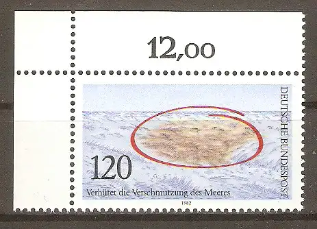 Briefmarke BRD Mi.Nr. 1144 ** Bogenecke o.l. - Verhütung der Verschmutzung des Meeres 1982 / Meer mit markiertem Schmutzfleck #