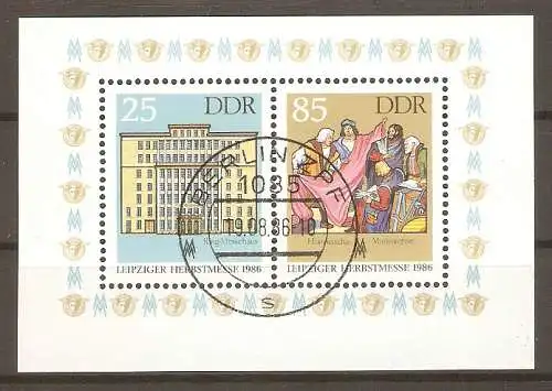 Briefmarke DDR Block 85 o (Mi.Nr. 3038-3039) Leipziger Herbstmesse 1986 / Ring-Messehaus & Historische Marktszene #