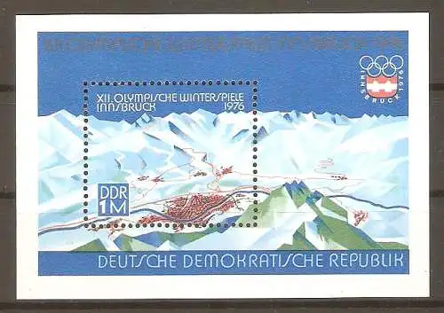 Briefmarke DDR Block 43 ** (Mi.Nr. 2105) Olympische Winterspiele Innsbruck 1976 / Ansicht von Innsbruck und Umgebung #