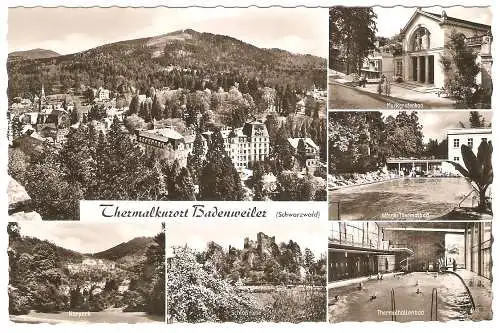 Ansichtskarte Deutschland - Badenweiler im Schwarzwald - Gesamtansicht, Markgrafenbad, offenes Thermalbad, Thermalhallenbad, Schloßruine, Kurpark (2847)