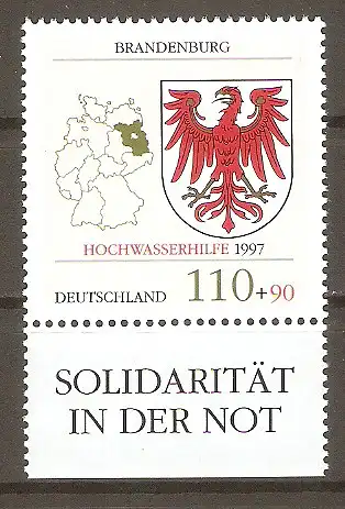 Briefmarke BRD Mi.Nr. 1941 ** Unterrand - Hochwasserhilfe Brandenburg 1997 / Skizze der Bundesländer, Wappen Brandenburgs #