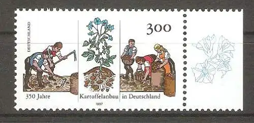 Briefmarke BRD Mi.Nr. 1946 ** Seitenrand rechts - 350 Jahre Kartoffelanbau in Deutschland 1997 / Kartoffelpflanze (Solanum tuberosum), Erntearbeit #