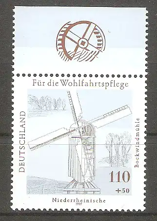 Briefmarke BRD Mi.Nr. 1950 ** Oberrand - Wasser- und Windmühlen in Deutschland 1997 / Niederrheinische Bockwindmühle #