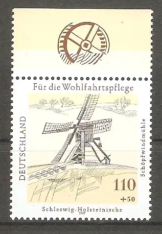 Briefmarke BRD Mi.Nr. 1951 ** Oberrand - Wasser- und Windmühlen in Deutschland 1997 / Schleswig-Holsteinische Schöpfwindmühle #