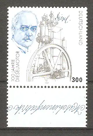 Briefmarke BRD Mi.Nr. 1942 ** Unterrand - 100 Jahre Dieselmotor 1997 / Rudolf Diesel und Erster Dieselmotor #